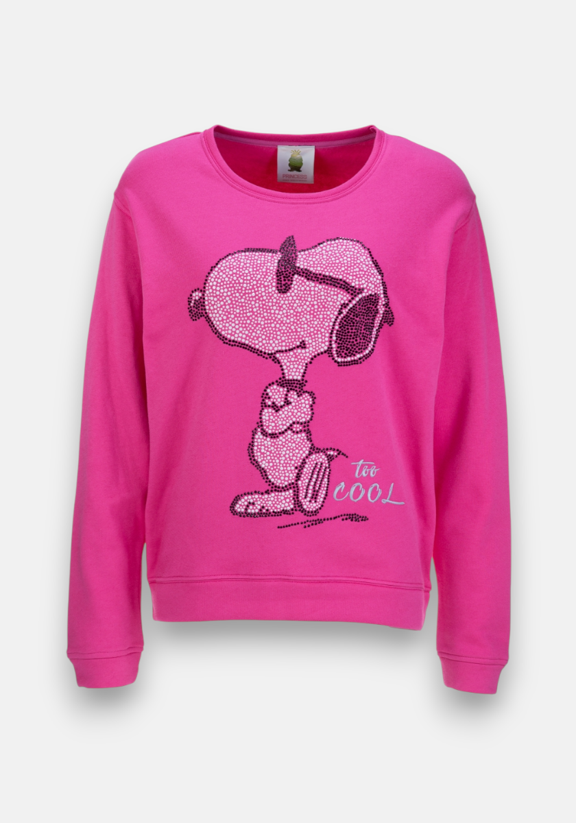 A bright pink Princess Goes Hollywood Snoopy Sweatshirt with a large dotted outline of Snoopy in sunglasses, Strassverzierung, “Too Cool” in white script on the front. Made from soft cotton with long sleeves and a crew neck.