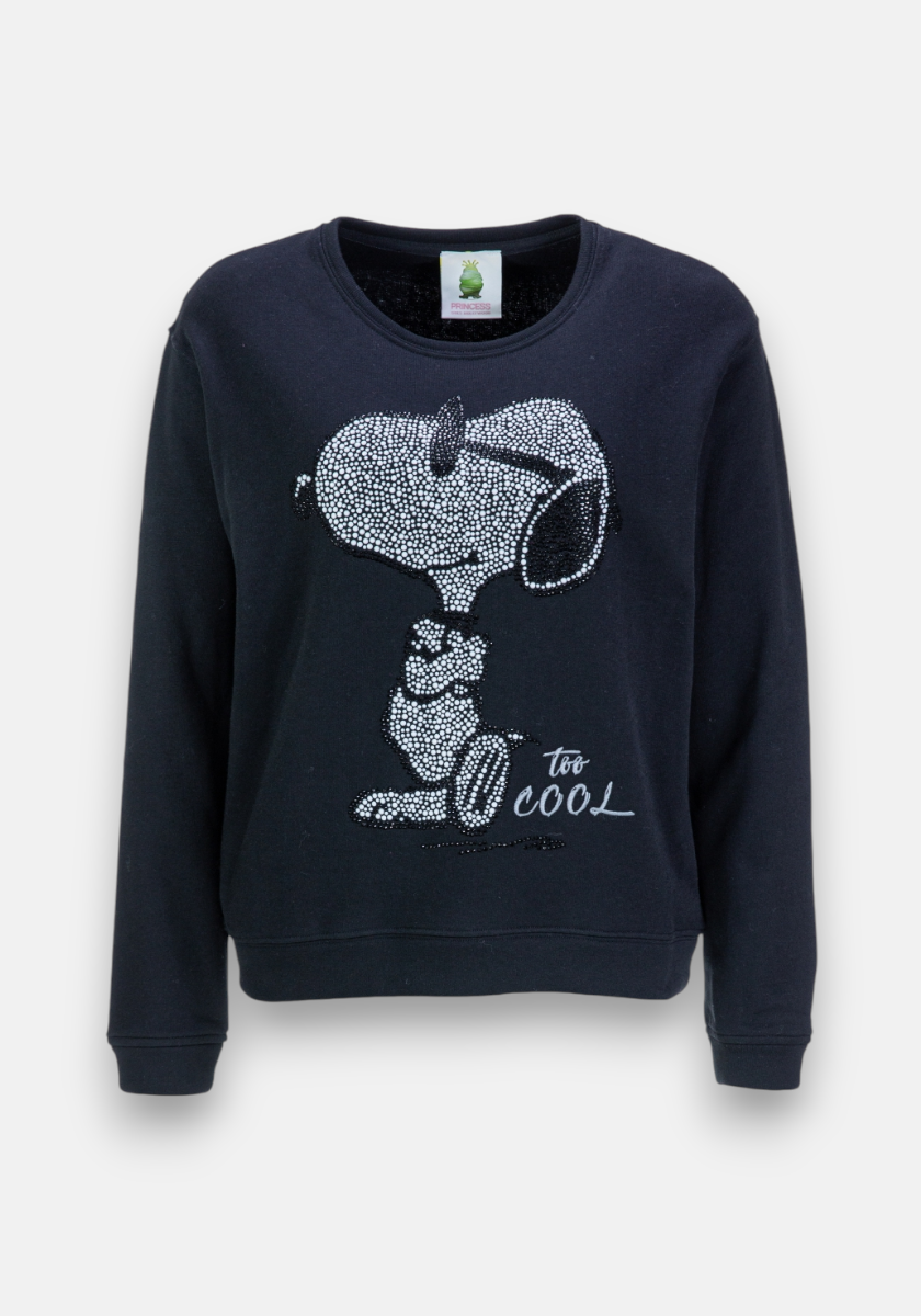 A black Princess Goes Hollywood Snoopy sweatshirt with a rhinestone Snoopy-in-sunglasses and too cool front graphic. Made from soft cotton, it features long sleeves, crew neck, white neck tag, and a plain white background.