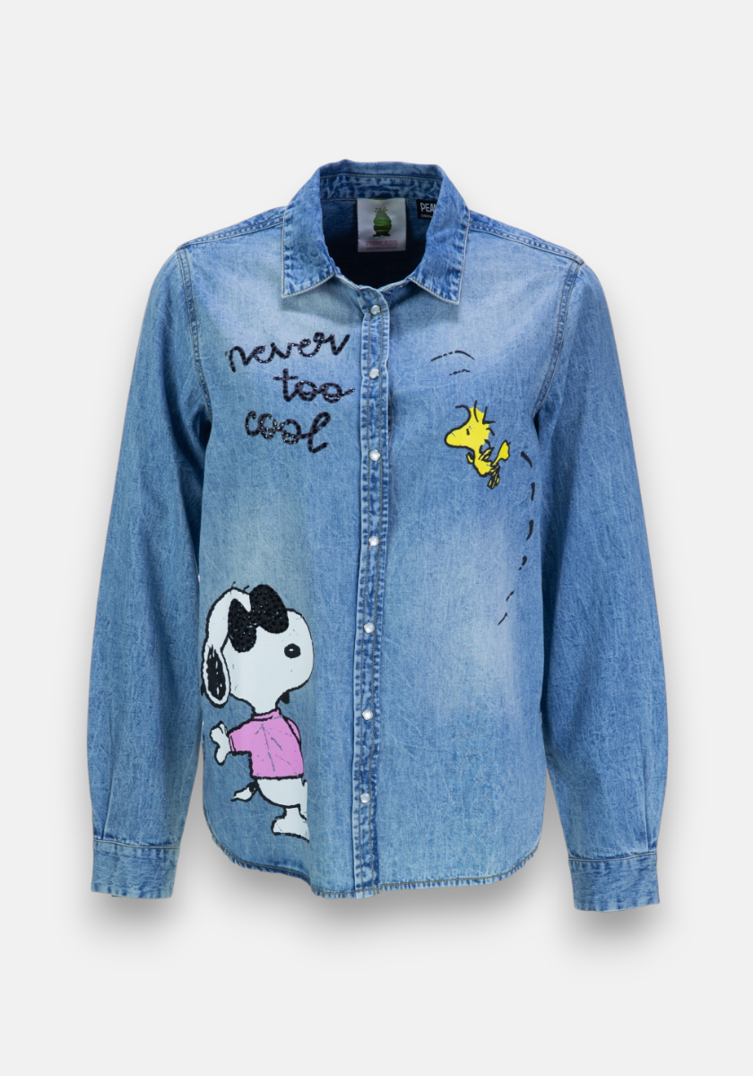 A light blue long-sleeve cotton jeans shirt from Princess Goes Hollywood features an embroidered Snoopy in a pink shirt at the bottom left, Woodstock near the top right, "Never too cool" stitched on the left chest, and front button closure.