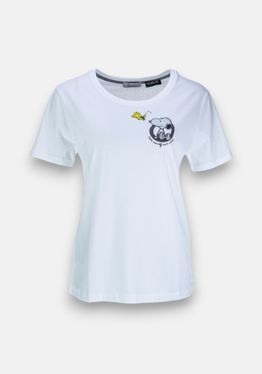 A plain white Princess Goes Hollywood Damen Baumwolle short-sleeve t-shirt with a small panda face and yellow bee graphic plus “thinking of you and bees” text on the left chest, finished with a round neckline.