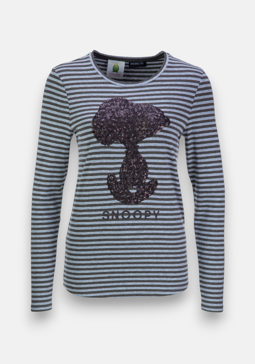 Ein schwarz-weiß gestreiftes Langarmshirt von Princess Goes Hollywood mit Rundhalsausschnitt, großem Pailletten-Snoopy-Motiv und „SNOOPY“-Schriftzug vorn. Figurbetont geschnitten.