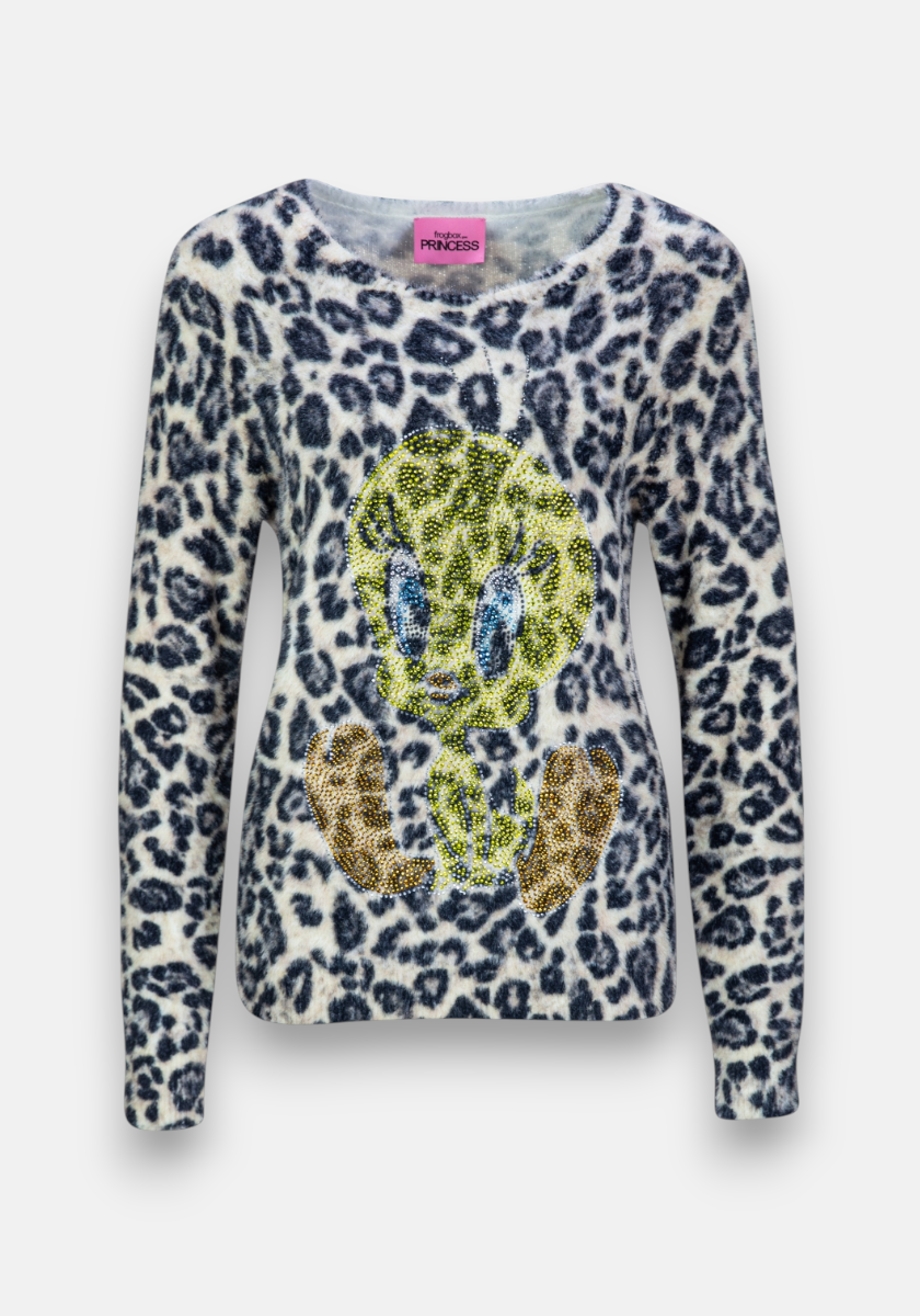 A fuzzy, long-sleeved Strickpullover by Frogbox by Princess features a black and white Leo-print, a large sequined Tweety motif on the chest, crew neckline, and pink PRINCESS label inside the collar.