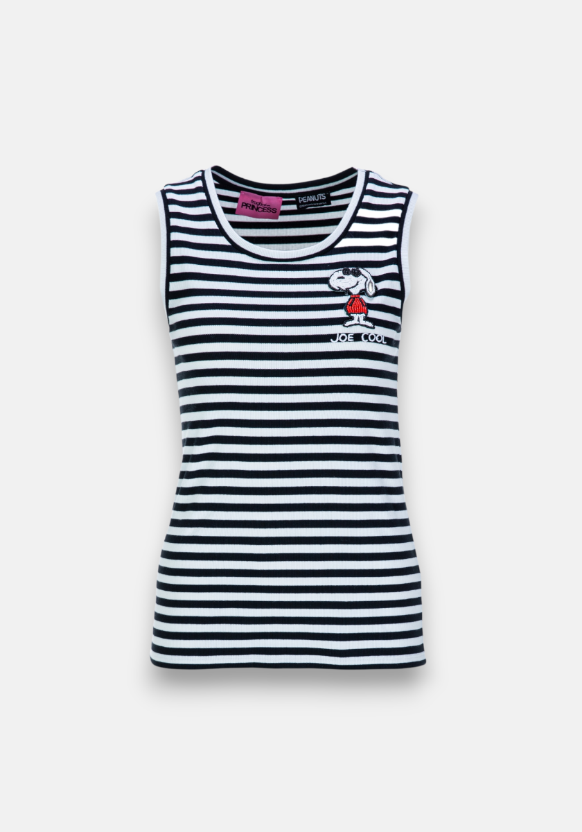 Sleeveless, black and white striped Frogbox by Princess tank top featuring a small Snoopy “Joe Cool” illustration on the left chest. This ribbed top has a round neckline, visible pink inner label, and is set against a plain light gray background.