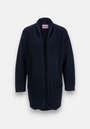 A plain dark navy blue Frogbox by Princess Strickjacke with open front, long sleeves, ribbed cuffs/hem, two front patch pockets, and a pink neck label. Merinowolle cardigan shown on a light gray background.