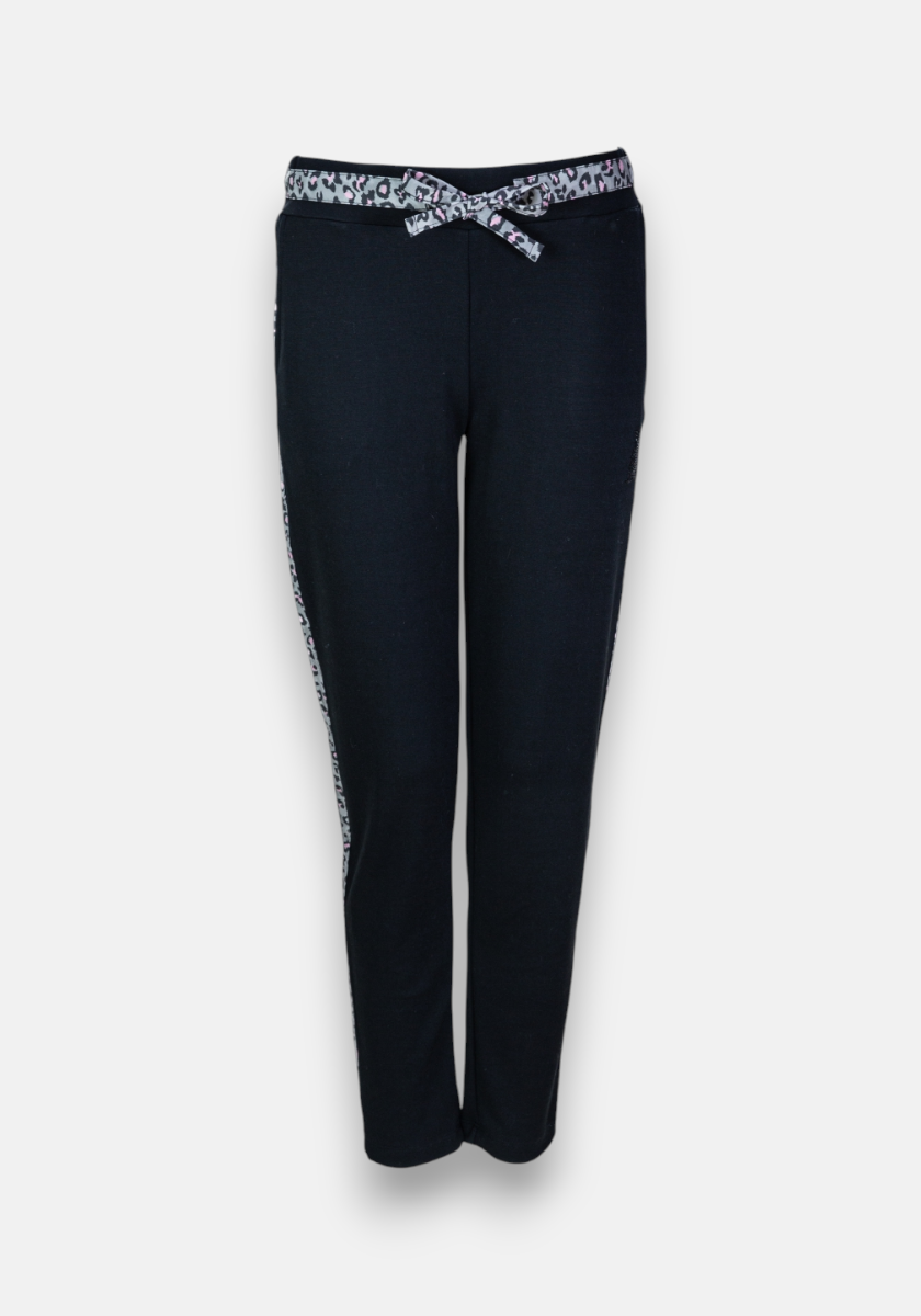 A pair of black slim-fit Sweathose pants by Frogbox by Princess, featuring a gray and white leopard print waistband with a small front bow, plus matching side stripes, showcased on a plain white background.