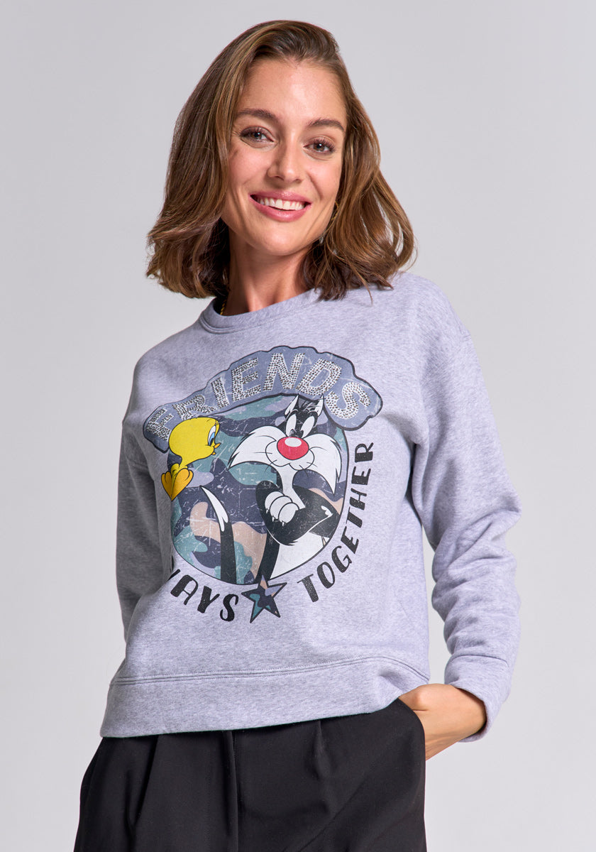 A smiling woman with shoulder-length brown hair wears a light gray Frogbox by Princess Sylvester & Tweety sweatshirt with "FRIENDS ALWAYS TOGETHER" in bold letters. She stands confidently, one hand in her pocket, against a plain background.