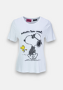 This white Frogbox by Princess Snoopy T-shirt features black and yellow artwork of Snoopy and Woodstock with the handwritten text never too cool, plus short sleeves and a Rundhalsausschnitt.