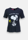 A black Frogbox by Princess Snoopy T-Shirt with a graphic of Snoopy in sunglasses and a sweater walking next to Woodstock, never too cool in white text above them. Features short sleeves and a round neckline.