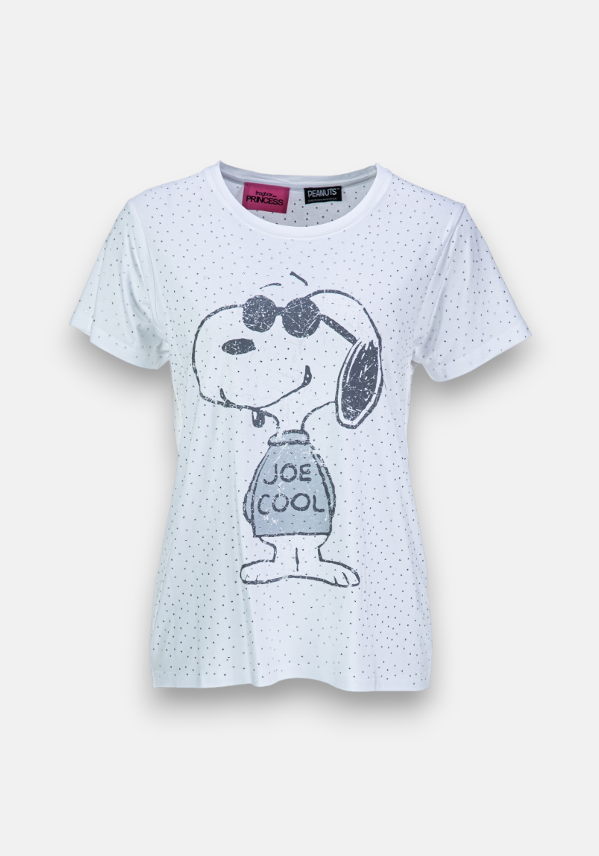 This Frogbox by Princess T-Shirt showcases small black polka dots, a bold monochrome Joe Cool in sunglasses graphic, and subtle Strassverzierung sparkle on a relaxed, short-sleeved style.