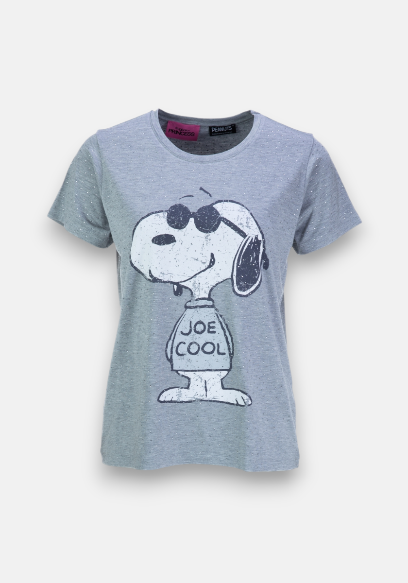 A gray Frogbox by Princess Snoopy T-shirt with a round neckline and casual fit, featuring a large Joe Cool (Snoopy in sunglasses) graphic. Displayed on a plain white background for a stylish, laid-back look.