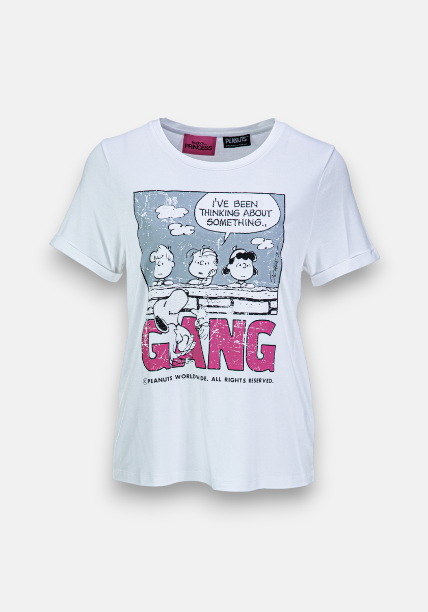 A white Frogbox by Princess T-shirt with stretch features a Peanuts comic strip of three characters on a bench, “I’ve been thinking about something…” and bold pink “GANG” below. Short sleeves and round neckline finish the design.