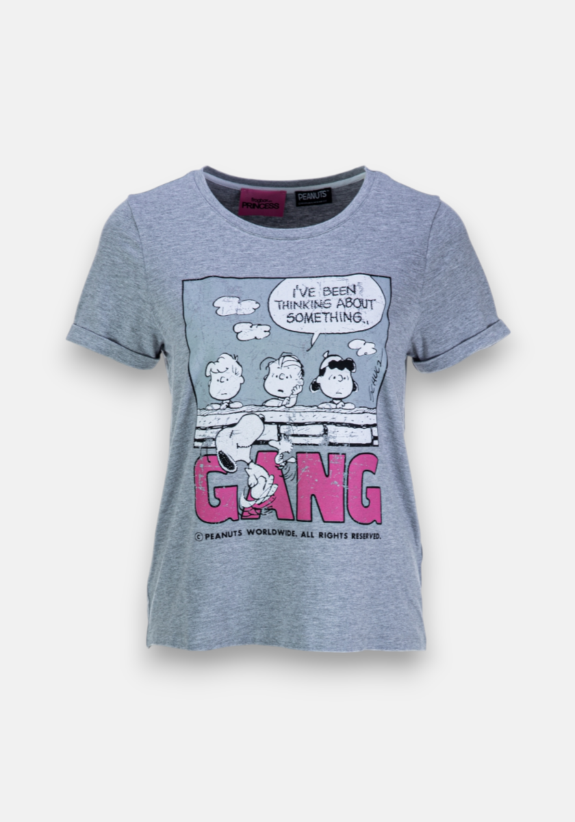 The Frogbox by Princess heather gray stretch T-shirt showcases a Peanuts comic print with Charlie Brown, Linus, Lucy, and Snoopy saying “I’ve been thinking about something.” “GANG” in large pink letters is printed beneath the characters.