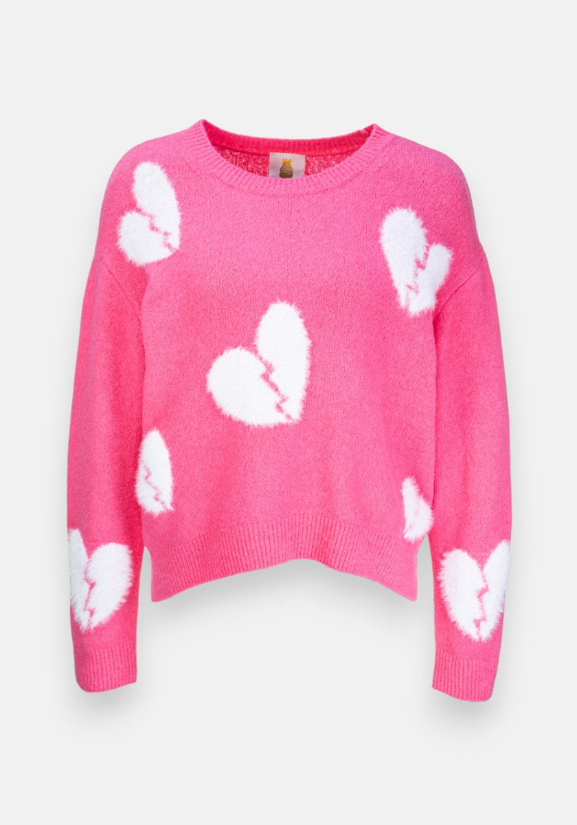 Ein leuchtend pinker Princess Goes Hollywood Pullover von Wollmix mit leicht lockerer Passform und großen weißen gebrochenen Herz-Motiven auf der Vorderseite, den Ärmeln und an den Seiten. Abgeschlossen mit Rundhalsausschnitt und passenden Rippbündchen an Ärmeln und Saum.
