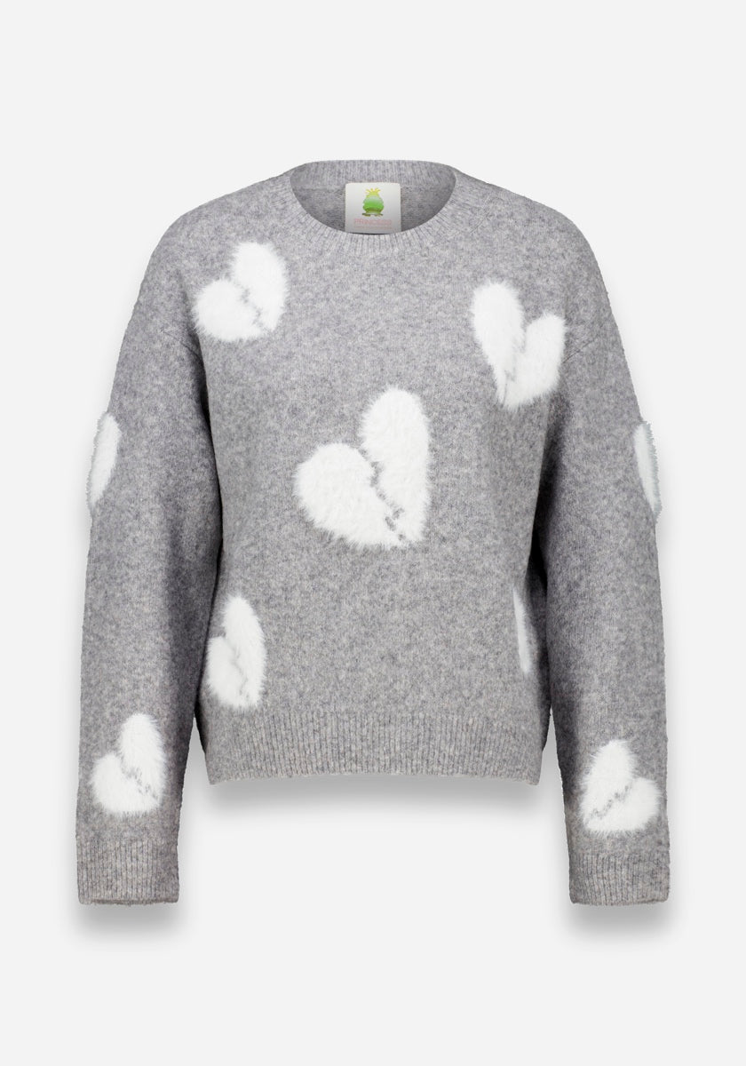 Der graue Princess Goes Hollywood Wollmix-Pullover mit Rundhalsausschnitt hat eine flauschige Textur und weiße Broken-Heart-Motive auf der Vorderseite, den Ärmeln und an den Seiten. Rippbündchen an Saum, Ärmeln und Halsausschnitt vervollständigen den weichen, kuscheligen Look.
