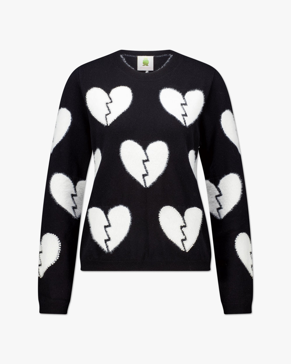 Der schwarze Wollmix-Pullover von Princess Goes Hollywood hat ein auffälliges weißes Herzmotiv mit gezackten Linien, einen klassischen Rundhalsausschnitt und lange Ärmel. Das auffällige Herzmuster wiederholt sich auf der Vorderseite und den Ärmeln.