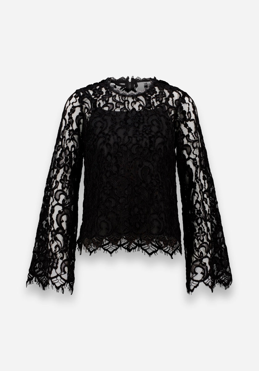 Schwarze Stehkragen-Bluse aus Spitze von Princess Goes Hollywood mit langen, weiten Ärmeln, komplizierten Blumenmustern, überschnittenen Kanten, eleganten Lochspitzen-Details und einem halbdurchsichtigen Design mit festem Oberkörperfutter für einen zarten Look.