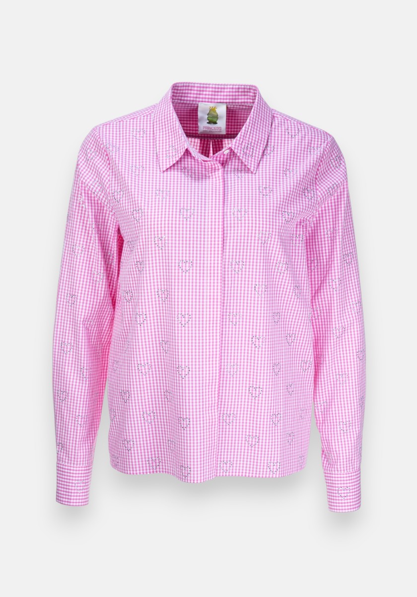Die langärmelige Baumwollhemdbluse mit Knopfleiste von Princess Goes Hollywood hat einen Kragen, ein rosa-weißes Vichy-Karo-Bluse-Muster und kleine gestickte Blumenmuster auf einem einfarbig weißen Hintergrund.