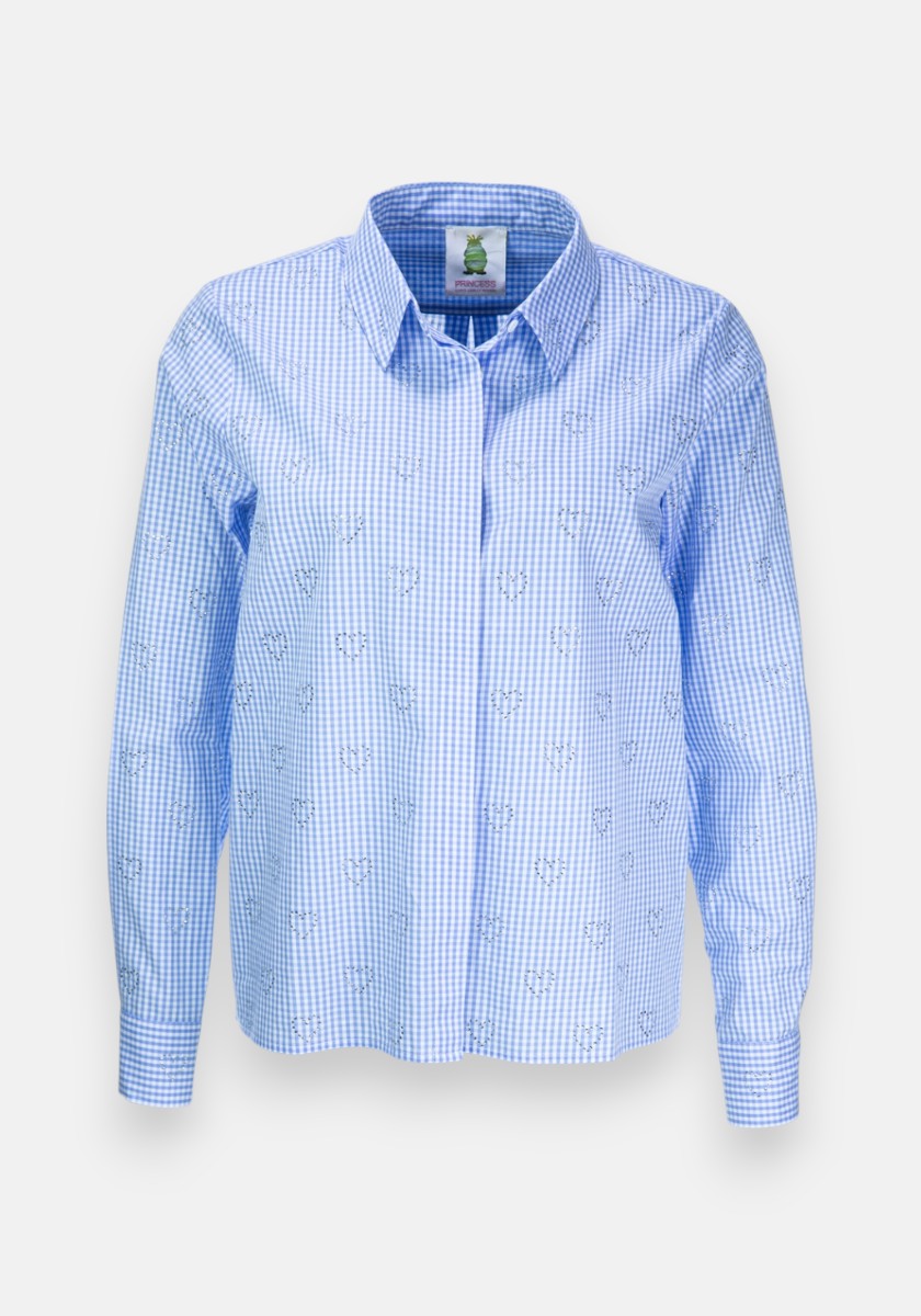 Die langärmelige, blau-weiß karierte Vichy-Karo-Bluse mit Kragen von Princess Goes Hollywood ist mit dezenten Blumenstickereien versehen und wird auf der Vorderseite vor einem schlichten weißen Hintergrund gezeigt.