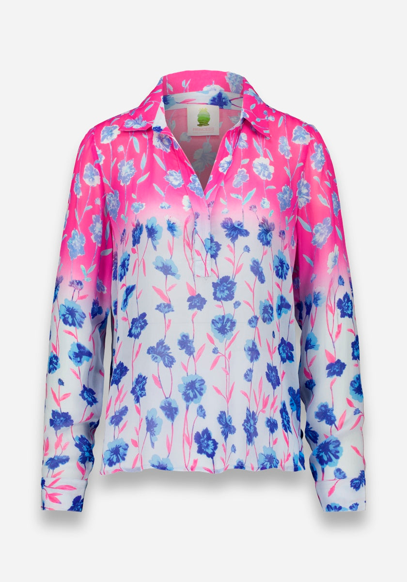 Langärmelige Princess Goes Hollywood Bluse mit Kragen, rosa-weißem Farbverlauf, blauem Blumendruck, lockerer Passform und V-Ausschnitt. Die gleichmäßig verteilten Blumen unterstreichen den Komfort und den stilvollen Look.