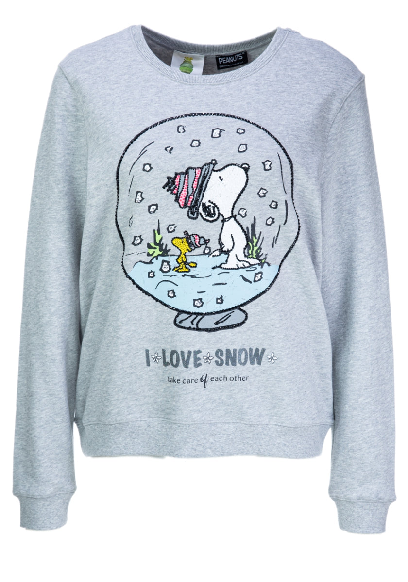 Das graue Princess Goes Hollywood Baumwolle Damen Sweatshirt zeigt Snoopy und Woodstock in einer Schneekugel mit fallendem Schnee, darunter "I LOVE SNOW" mit Schneeflocken und darunter "passt aufeinander auf".