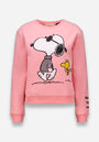 Ein pinkes Baumwoll-Sweatshirt von Princess Goes Hollywood mit großer schwarz-weißer Snoopy-Illustration neben Woodstock. "NEVER TOO COOL" ziert den linken Ärmel; gerippte Bündchen und Saum vollenden das Design.