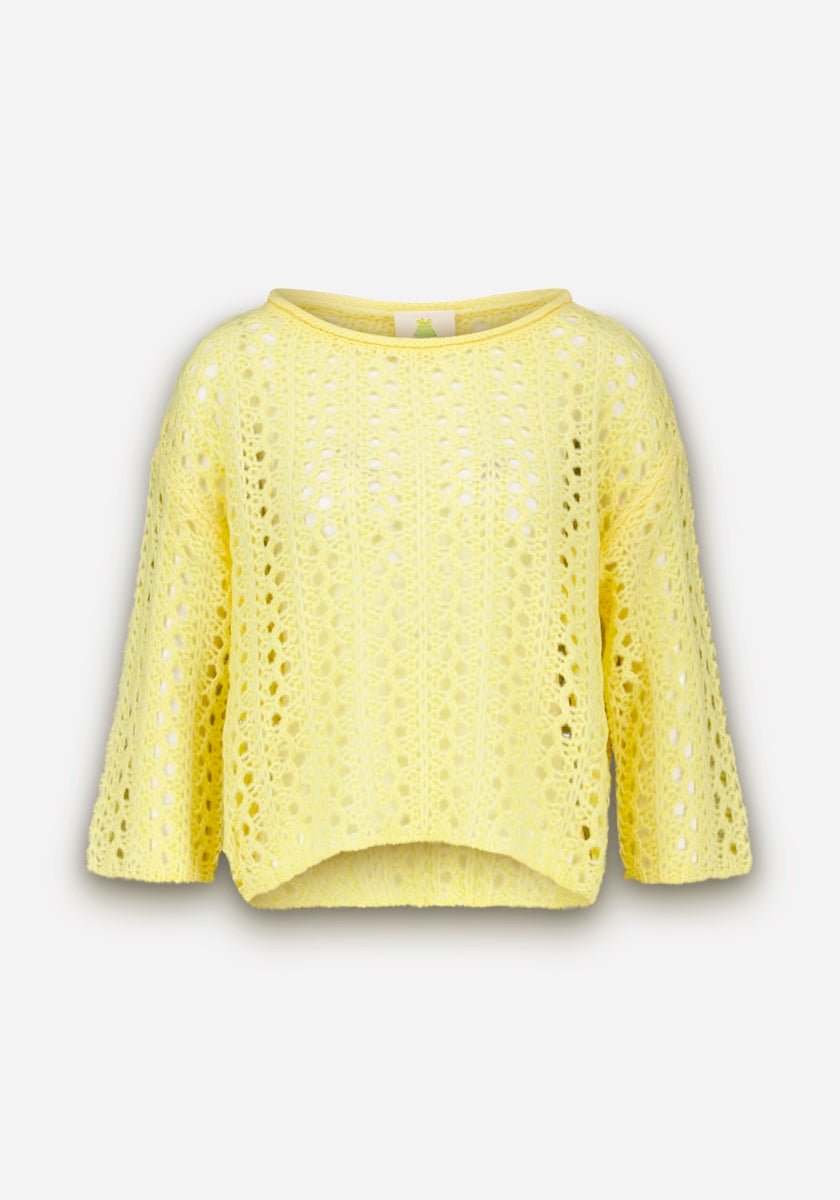 Der Princess Goes Hollywood-Pullover ist hellgelb, in einem luftigen Ajour-Muster gehäkelt, hat weite Ärmel, einen Rundhalsausschnitt und einen leicht angeschnittenen High-Low-Saum für einen leichten, lässigen Look.
