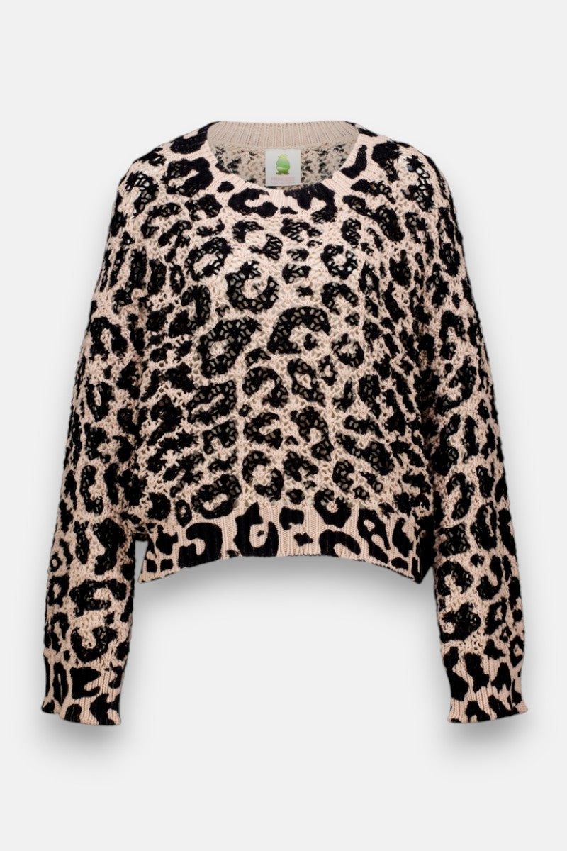 Beigefarbener, langärmeliger Strickpullover von Princess Goes Hollywood mit schwarzem und braunem Leo-Print, Rundhalsausschnitt, Rippbündchen und leicht verkürztem Saum auf einfarbig hellgrauem Grund.