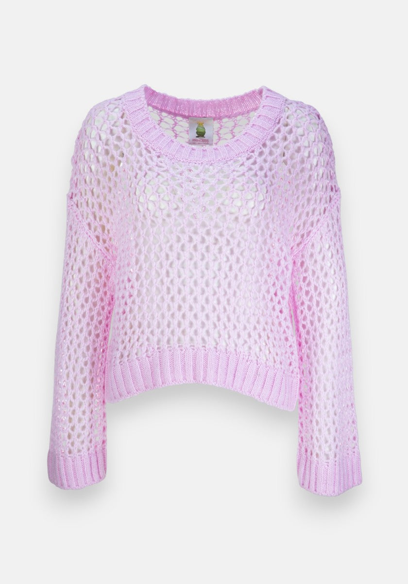 Princess Goes Hollywood präsentiert einen pastellrosa Lochstrick-Pullover für Damen. Aus einem weichen Merino-Alpaka-Mix gefertigt, hat dieser taillierte, halbtransparente Pullover lange Ärmel, gerippte Bündchen, Saum und Halsausschnitt. Er ist auf weißem Hintergrund abgebildet.