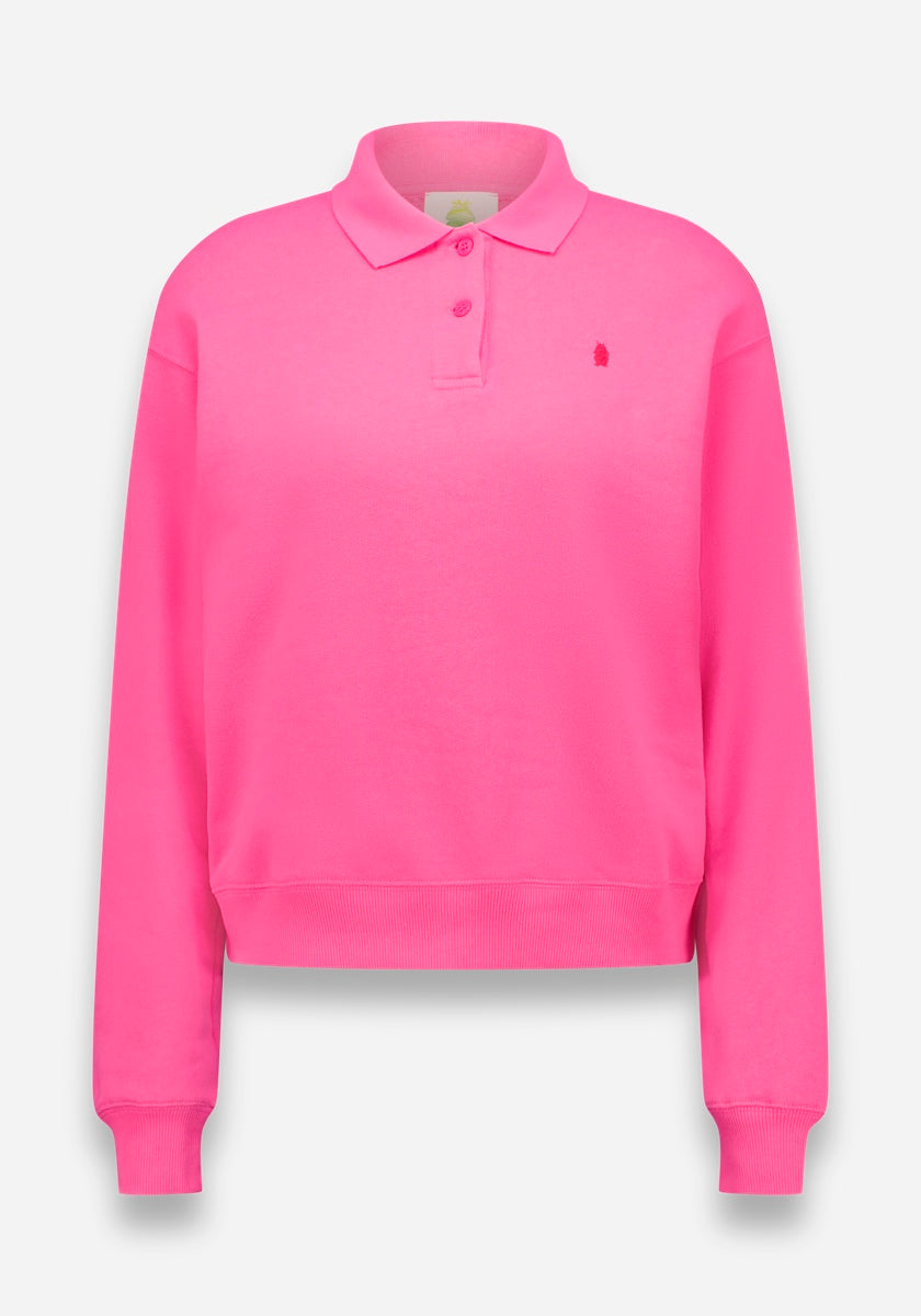 Langärmeliges, hellrosa Princess Goes Hollywood Sweatshirt mit Polokragen, geripptem Saum und Ärmelbündchen, Kragen, kurzer Knopfleiste, weichem Baumwollstoff, kleinem gesticktem Logo auf der linken Brust, abgebildet auf einem einfarbig weißen Hintergrund.