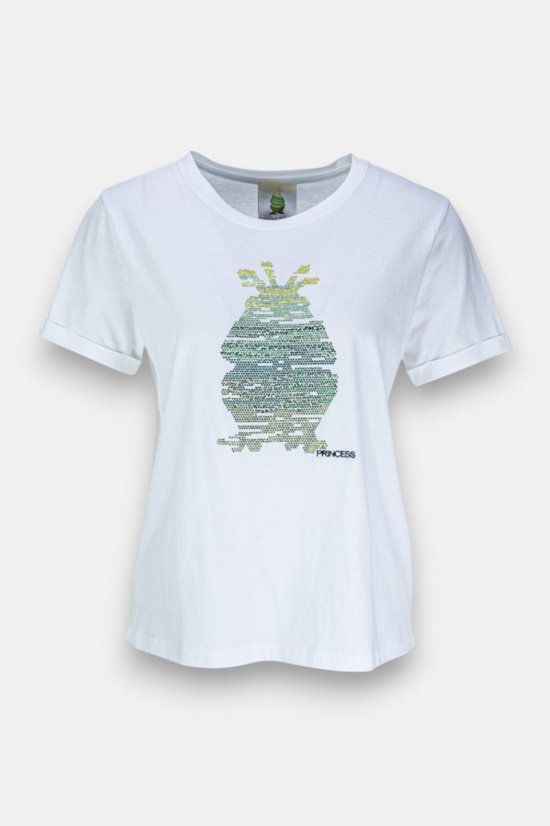 Ein weißes Princess Goes Hollywood Baumwolle T-Shirt mit einem zentrierten Froschdruck aus kleinen grünen und gelben textähnlichen Formen. "PRINCESS" ist in schwarzer Schrift unten rechts auf der Brust gedruckt.