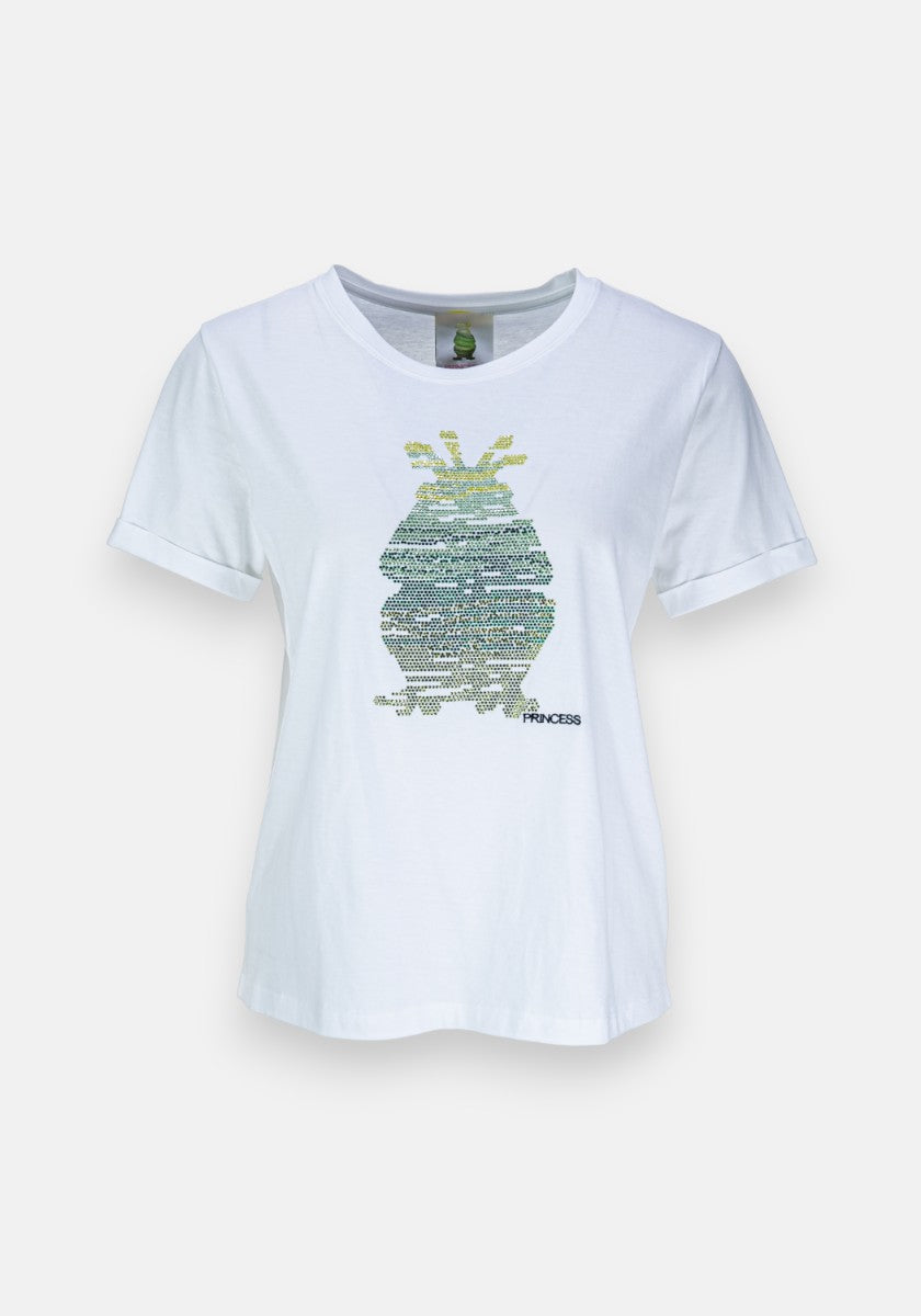 Ein weißes Baumwoll-T-Shirt von Princess Goes Hollywood mit lockerer Passform und Rundhalsausschnitt, mit einer verspielten Frosch-Print-Ananas-Grafik in Grün und gelbem Text auf der Vorderseite. Perfekt, um Ihre Garderobe mit Spaß zu ergänzen.
