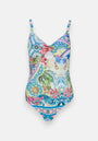 Der einteilige Badeanzug von Princess Goes Hollywood hat verstellbare Träger, einen V-Ausschnitt und einen Schlüssellochausschnitt. Er ist mit einem lebhaften tropischen Blumendruck in Blau, Grün, Gelb und Rosa mit detaillierten ornamentalen Akzenten verziert.