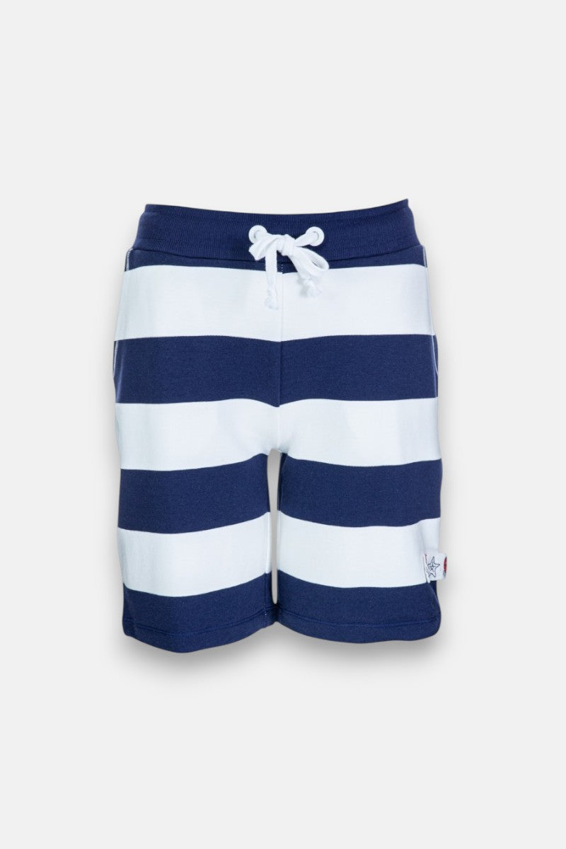 Princess Goes Hollywood marineblau-weiß gestreifte Sweatshorts mit elastischem Bund, Seitentaschen und einem kleinen weißen Etikett am unteren linken Bein. Auf hellgrauem Hintergrund abgebildet.