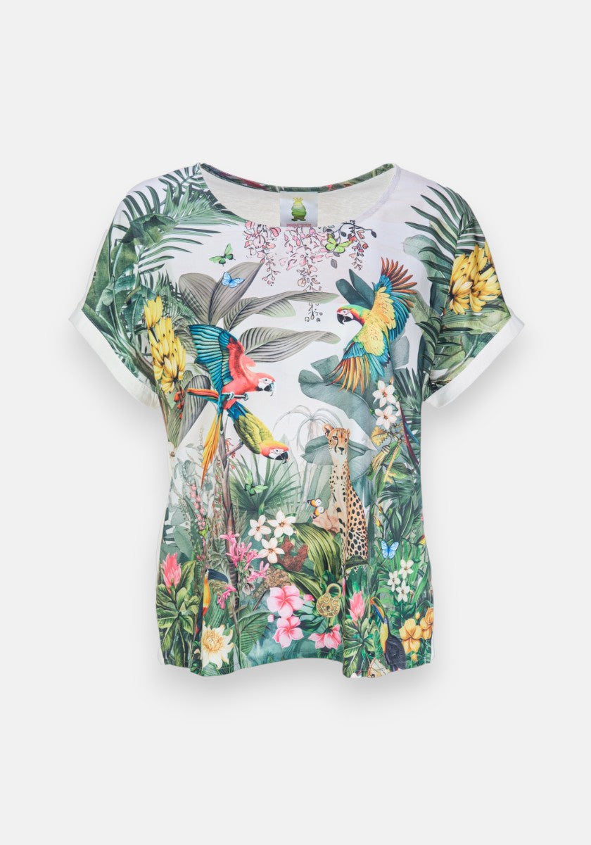 Princess Goes Hollywood kurzärmeliges weißes T-Shirt mit Rundhalsausschnitt, mit einem farbenfrohen tropischen Druck von Papageien, einem Geparden, grünen Blättern, Palmwedeln und leuchtend rosa und gelben Blumen für einen gewagten Dschungellook.
