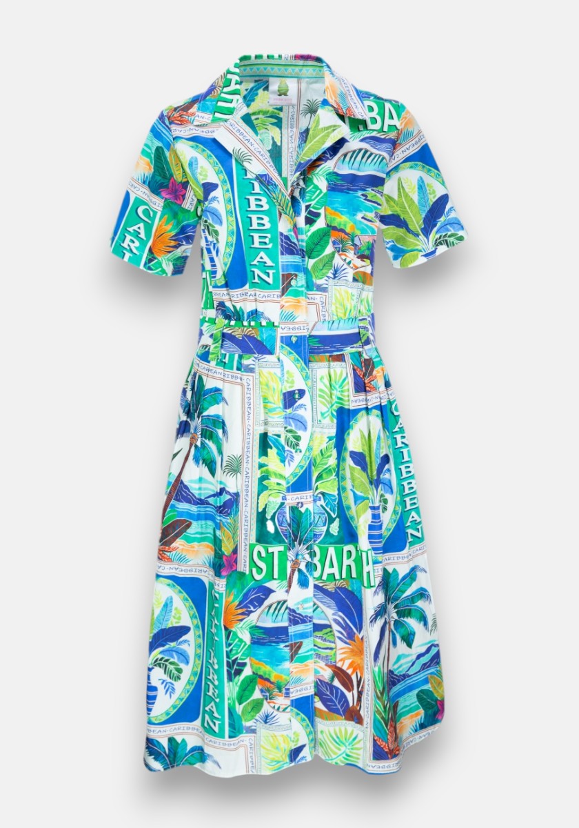 Das Princess Goes Hollywood Midikleid mit Kragen und kurzen Ärmeln ist mit einem leuchtenden St. Barth-Print aus blauen, grünen und türkisfarbenen Palmenblättern auf weicher Baumwolle bedruckt und sorgt für eine luftige Inselatmosphäre.
