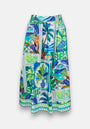 Der Princess Goes Hollywood Midirock besteht aus weicher Baumwolle mit einem lebhaften St. Barth-Druck von Palmen, Topfpflanzen und Postkartenmotiven. Er hat einen gerafften Bund, eine lockere Passform und den Schriftzug ST BARTH in Blau, Grün, Orange und Gelb.