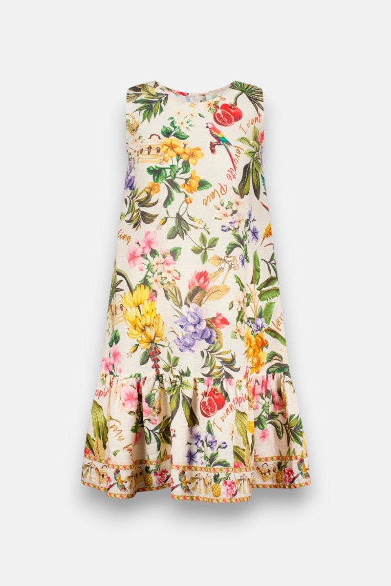 Ärmelloses Leinen-Kleid in A-Linie von Princess Goes Hollywood mit gerüschtem Saum. Dieses Kurzkleid Damen zeigt einen lebhaften tropischen Druck von Blumen und Früchten mit Schriftzug auf hellem Beige für einen frischen, sommerlichen Stil.