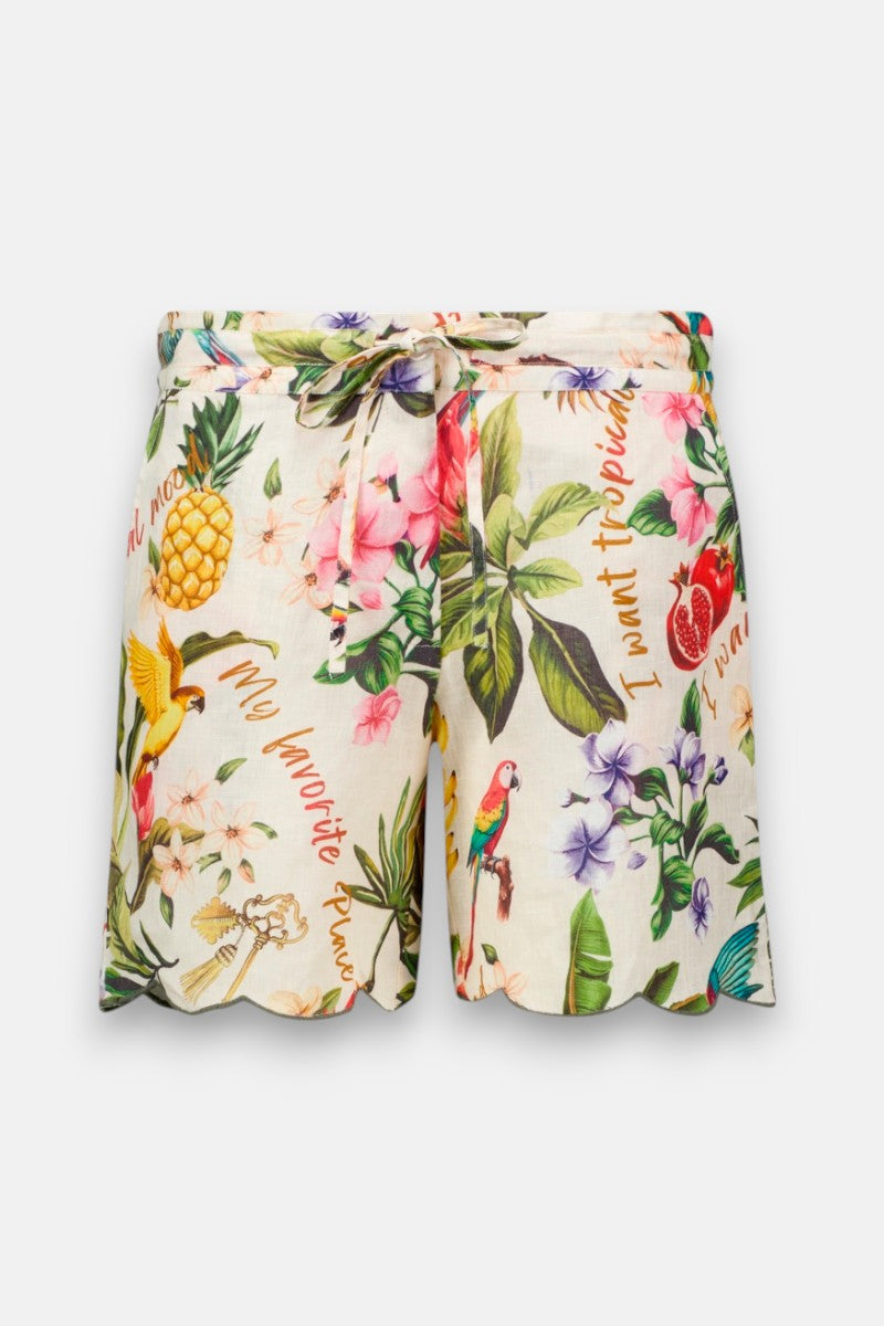 Princess Goes Hollywood Damen Leinen Shorts mit tropischem Print aus Ananas, Papageien, Blumen und Blättern. Jakobsmuschel-Säume, Bindegürtel und dekorative Schriftzüge runden den sommerlichen Look ab.
