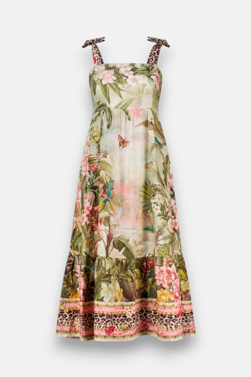 Ein ärmelloses Leinen-Midikleid von Princess Goes Hollywood mit Bindebändern, tropischem Blumenmuster mit Schmetterlingen und Blättern sowie einer Dschungel-Leo-Print-Bordüre am Saum und an den Trägern, die mit Blumen gemischt ist, für ein außergewöhnliches Finish.