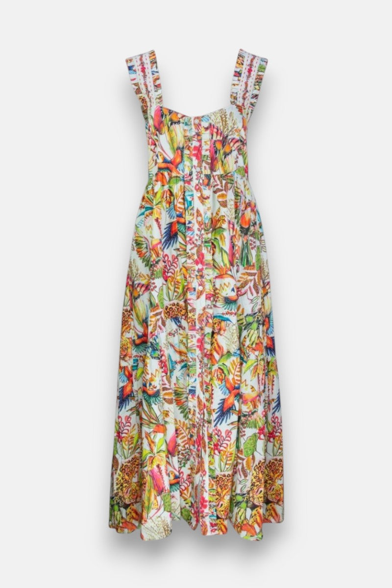 Das ärmellose Maxikleid von Princess Goes Hollywood hat breite Träger, weiche Baumwolle, eine knöchellange, fließende Passform und einen farbenfrohen Dschungeldruck mit bunten Vögeln, Blumen, Blättern und Tieren auf Weiß sowie eine Knopfleiste.