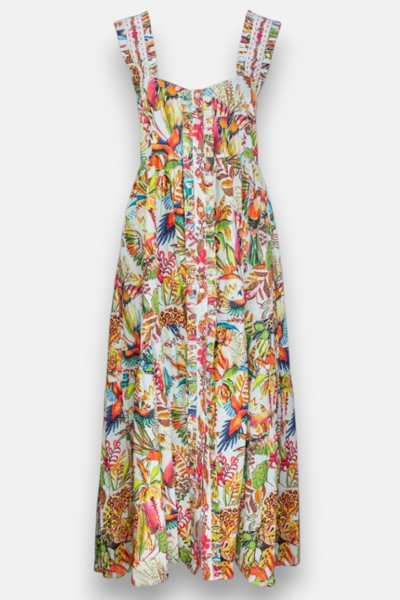 Ärmelloses, bodenlanges Maxikleid mit Dschungel-Print von Princess Goes Hollywood mit breiten, gerafften Trägern und einem farbenfrohen Vogel-, Blatt- und Blumenmotiv. Das geraffte Mieder und der luftige Baumwollstoff verleihen ihm einen perfekten sommerlichen Look.