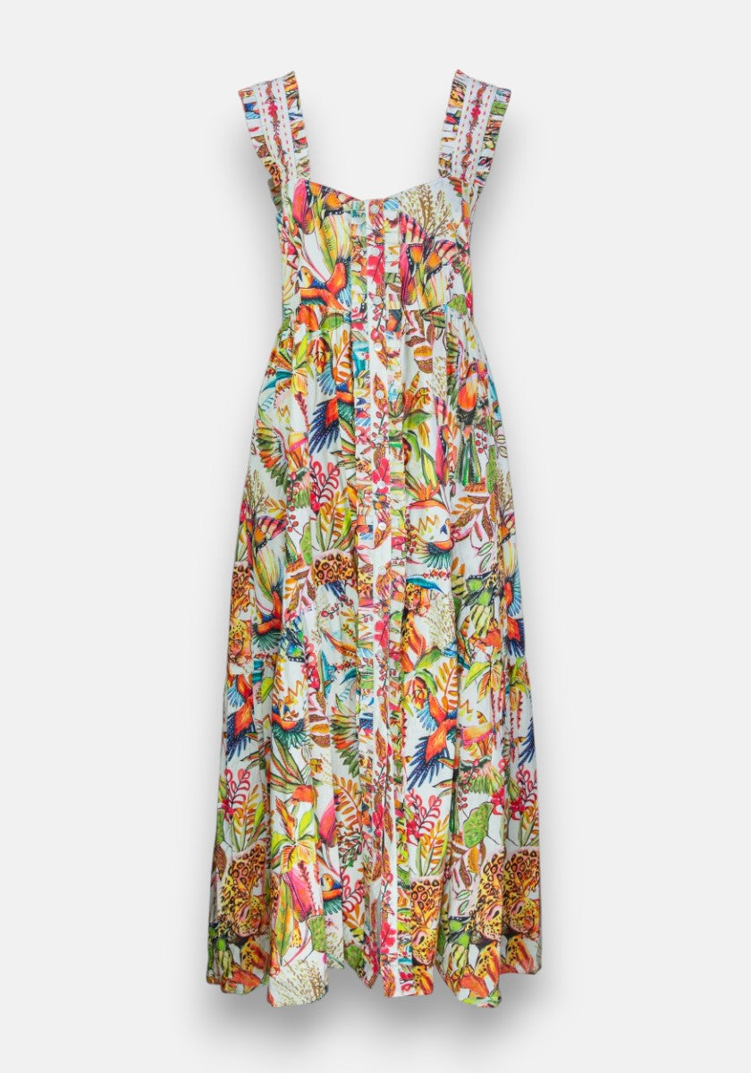 Das ärmellose Maxikleid von Princess Goes Hollywood mit breiten Trägern und gerafftem Mieder zeigt einen farbenfrohen Dschungel-Print mit Vögeln, Blättern und Blumen in leuchtenden Farben auf weißer Baumwolle.