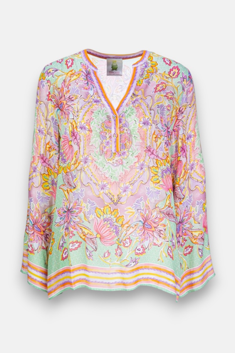 Princess Goes Hollywood Tunika-Bluse: lange Ärmel, lebendiger Blumendruck in rosa, gelb, lila, mintgrün. Mit Rundhalsausschnitt mit V-Schlitz und drei Knöpfen. Gestreifte Akzente in Orange, Gelb und Mint an Saum und Manschetten.