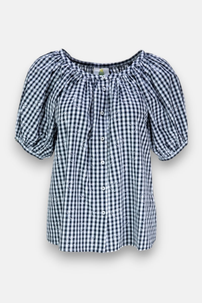 Die kurzärmelige Baumwollbluse von Princess Goes Hollywood hat eine lockere Passform in schwarz-weißem Vichy-Karo, einen Rundhalsausschnitt, Puffärmel, Knöpfe auf der Vorderseite und zarte Raffungen an Ausschnitt und Ärmeln für einen sanft gerafften Look.