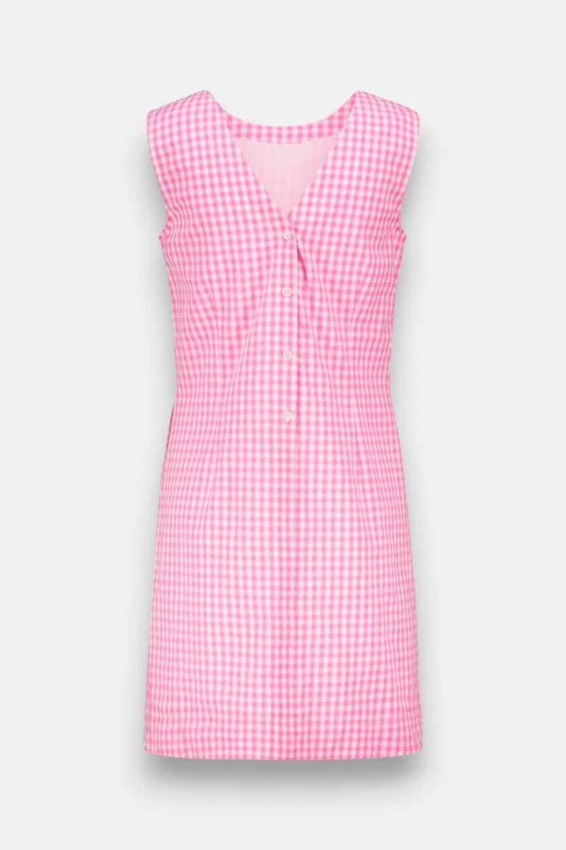 Das ärmellose rosa-weiße Vichy-Karo-Minikleid von Princess Goes Hollywood hat einen V-Ausschnitt, drei Knöpfe vorne und eine leicht taillierte Silhouette. Es ist aus weicher Baumwolle gefertigt und bietet ein einfaches Karomuster für lässige Kleidung.