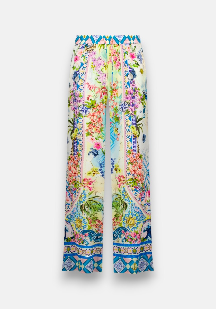 Princess Goes Hollywood Seidenhose mit weitem Bein und lebhaftem floralem und geometrischem Landschaftsdruck in Blau, Rosa, Grün und Gelb. Mit elastischem Bund und verschnörkelten Rautenmustern an der Taille und den Bündchen.