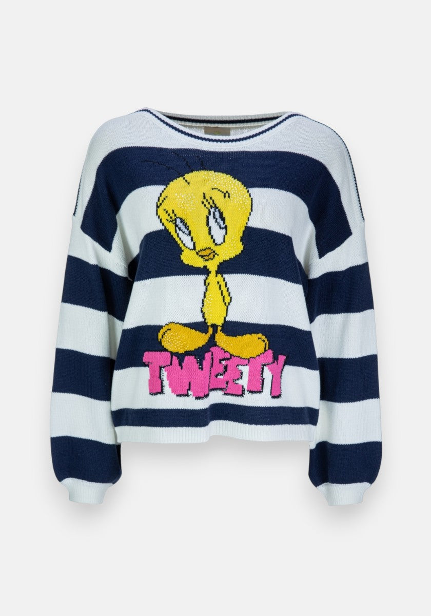 Ein gestreifter Baumwollmix-Pullover von Princess Goes Hollywood mit navy-weißen Streifen, handgestrickter Tweety-Grafik mittig und pinkem "Tweety"-Schriftzug im Cartoon-Stil darunter.