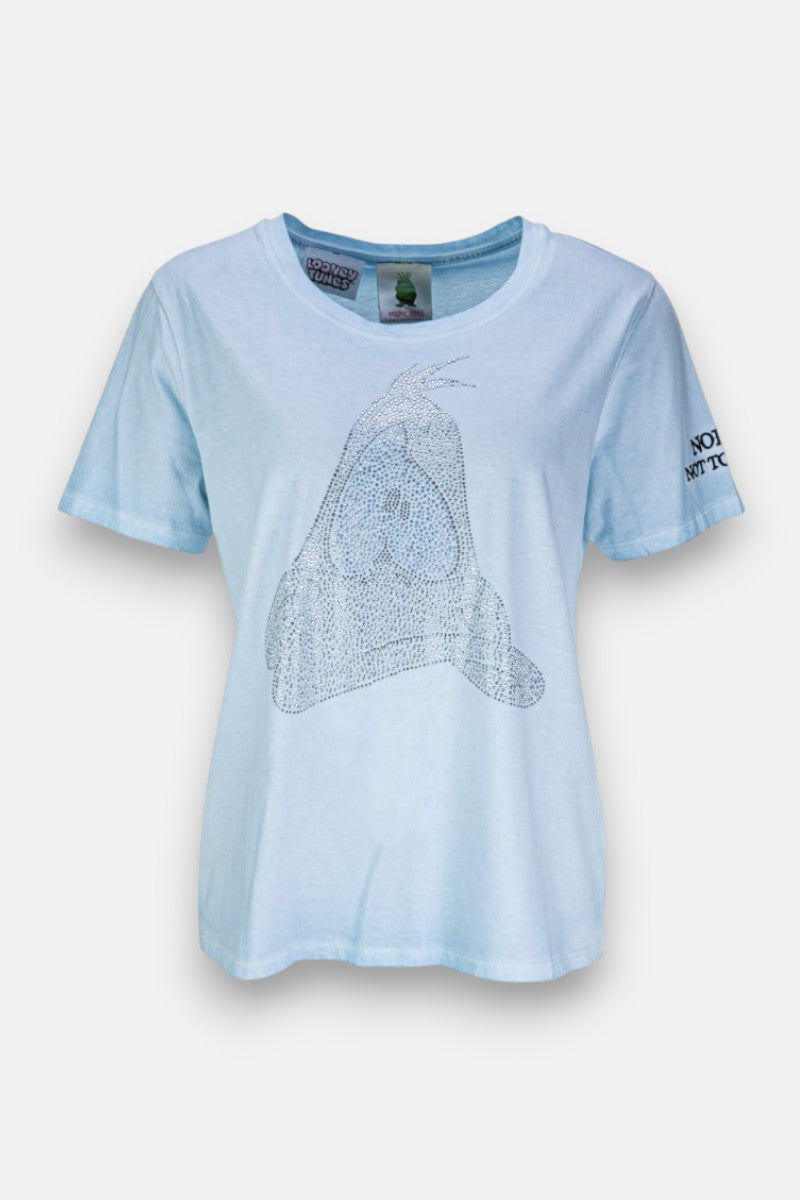 Hellblaues Baumwoll-T-Shirt von Princess Goes Hollywood mit einer großen gepunkteten Zaubererhut-Grafik auf der Vorderseite, dem Text "NOT TODAY" auf dem linken Ärmel und einer lockeren Passform. Kurze Ärmel. Abgebildet auf einfarbig weißem Hintergrund.