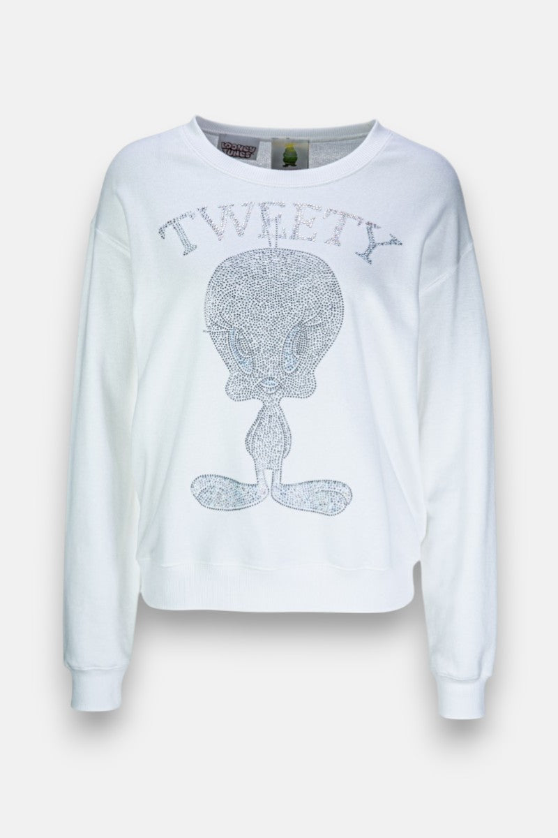 Dieses weiße, langärmelige Baumwolle-Sweatshirt von Princess Goes Hollywood zeigt einen großen, silbernen Tweety Bird mit dem Schriftzug "TWEETY" darüber auf einem einfarbigen Hintergrund. Es hat eine lockere Passform und Rippbündchen.