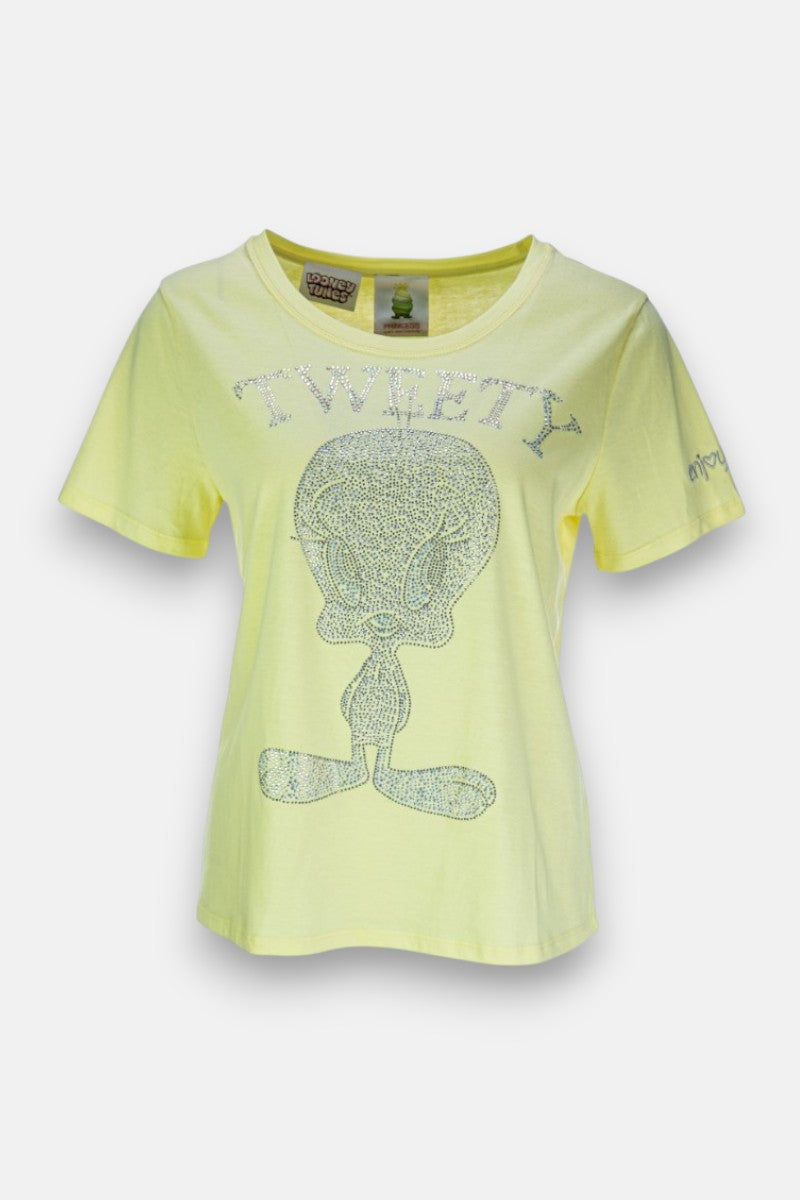 Das Princess Goes Hollywood T-Shirt für Frauen in Hellgelb zeigt einen großen, funkelnden Strassdeko Tweety Bird mit glitzerndem "TWEETY"-Text darüber, weichen Baumwollstoff, einen kleinen Schriftzug auf dem linken Ärmel und einen schlichten weißen Hintergrund.